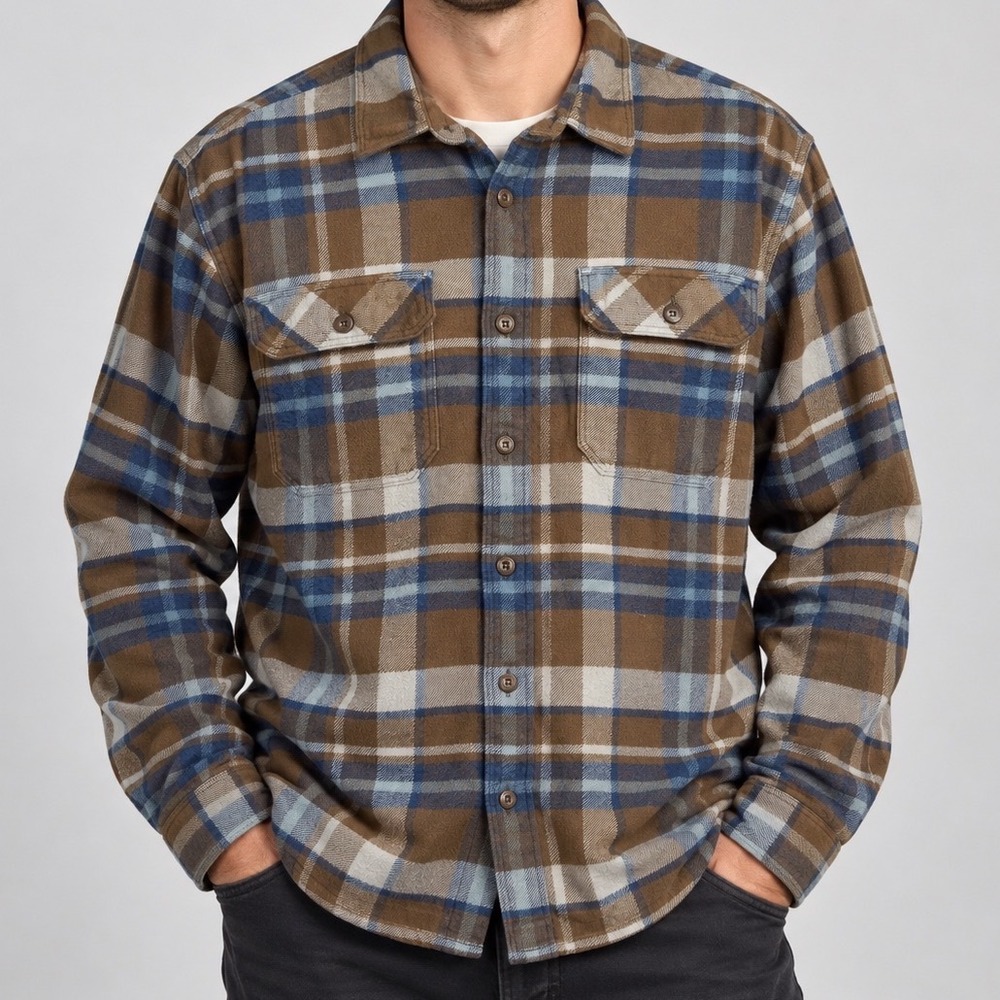 Patagonia Fjord Flannel Brown Blue Plaid Mens Large Heavyweight Organic Cotton
